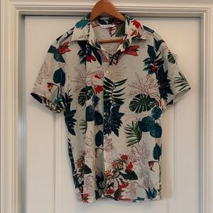 Men's Short-Sleeve Tropical Print Shirt - Cream with Green & Red Leaves